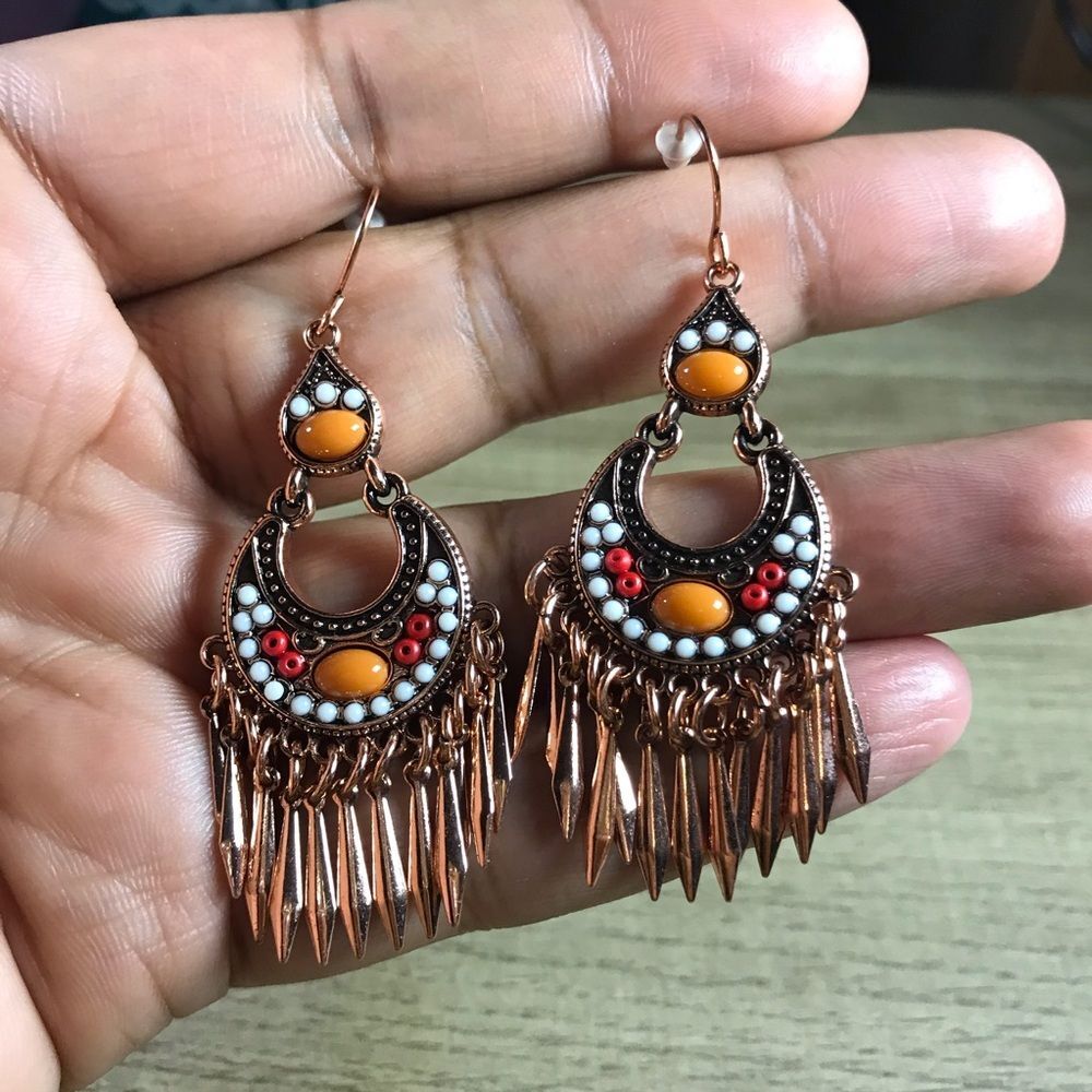 Bohemian Copper Orange Red White Beaded Dangle Earrings